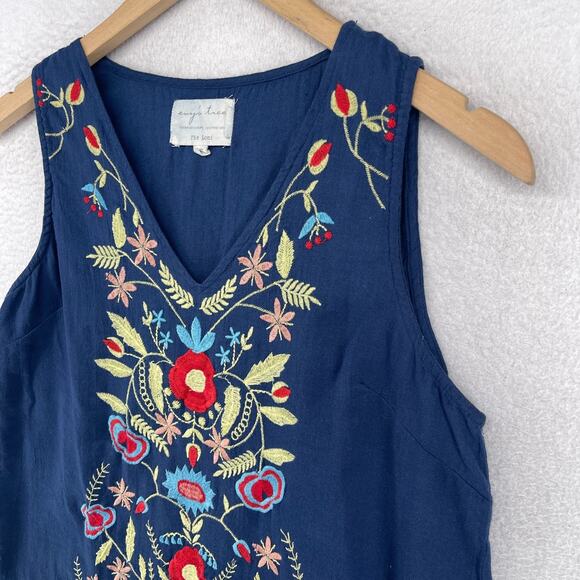 EVYS TREE Tank Top XS Loni Floral V-Neck Ruffle Hem Boho Peasant Cotton Blue - Picture 4 of 12